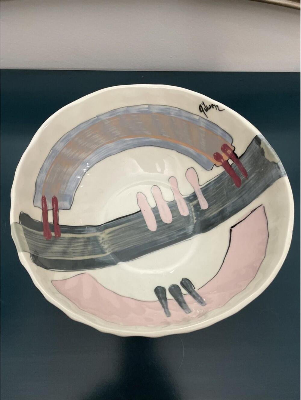 Vintage Signed Gibson 1980’s Abstract Art Pink, Blue, And Gray Ceramic Bowl